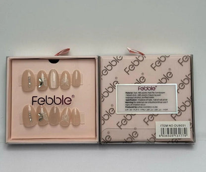 Febble Nude Shine Leaf Press-On Nails – 10 Pcs Premium Set