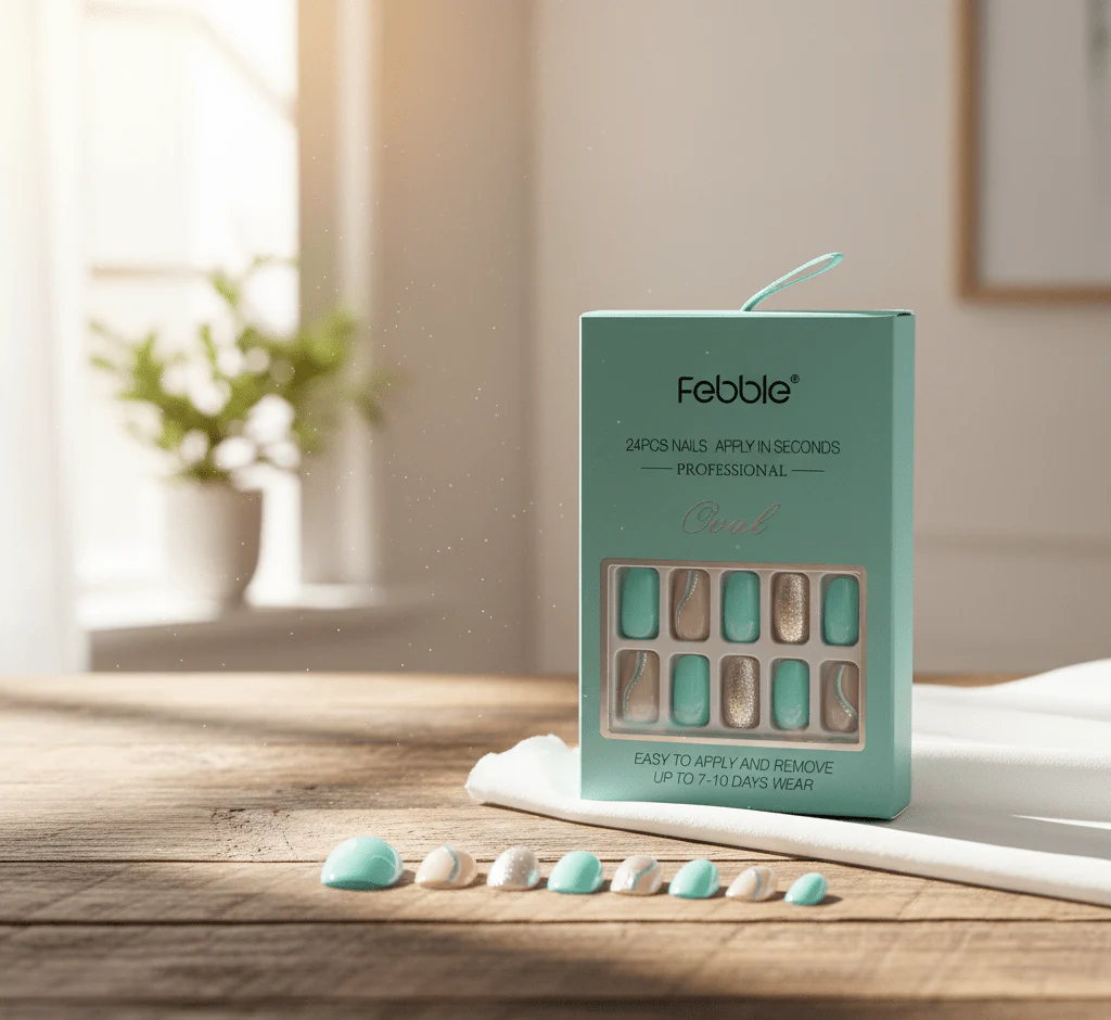 Febble Oval Mint &amp; Silver Glitter Press-On Nails