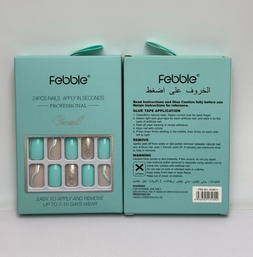 Febble Oval Mint &amp; Silver Glitter Press-On Nails